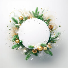 Leinwandbilder - Christmas and New Year round frame with gold and silver balls, snowflakes and fir branches on white background
