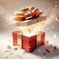 Fototapete - Open red gift box with magic light and splash snow. Christmas concept.