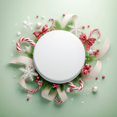 Leinwandbilder - Christmas and New Year round frame with candy cane, snowflakes and ribbon on green background