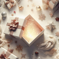 Poster - Open gift boxes with magic light and Christmas decoration on white background. Christmas concept