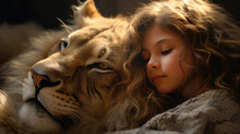 A Little Girl Cuddles With A Male Lion