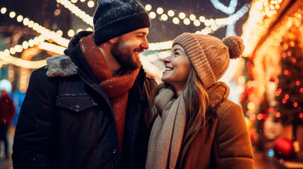 winter holidays and people concept - happy young couple dating at christmas tree in evening. Ai generated