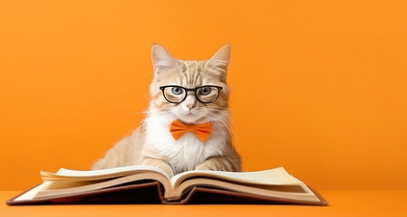 Wall Mural - Cat with glasses reads a book on a orange background with space for text.