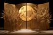 Golden folding screen with pampas grass and full moon. Generative AI