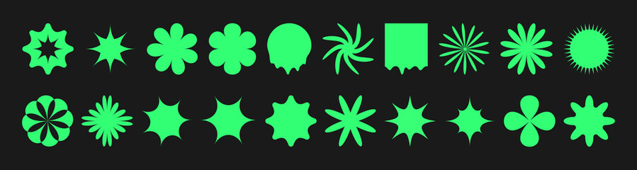 Poster - Retro y2k psychedelic elements set. Cyberpunk geometric design shapes on black background. Trendy futuristic vector illustration