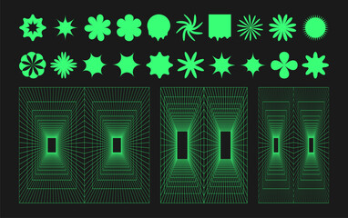 Poster - Cyber grid, punk perspective rectangular tunnels and y2k psychedelic elements set. Grid geometry tunnel, elements on black background. Trendy futuristic vector illustration.
