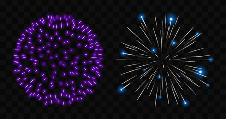 Wall Mural - Fireworks explosion vector set. Blue and purple fireworks on transparent background. 2/7