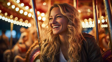 Blonde Woman Smiling On Carousel Horse In Chemical Plant At Night.