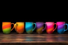 7 mugs in rainbow colors on a dark background. Generative AI