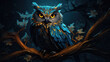 © iv work - Beautiful owl at night sitting on a branch in the wood as wallpaper background illustration