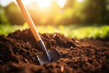 Closeup View Of A Shovel Buried In The Soil With Shallow Depth Of Field. Generative AI