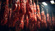 Racks of smoked spicy sausages hanging in the smokehouse. Meat production. Sausage hanging. Meat products.
