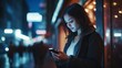 © NovaVision - Neon Nights: Woman Engaged with Mobile App. Generative ai
