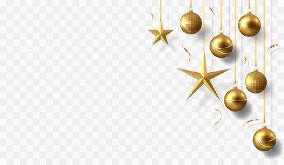 gold christmas balls with shadow and confetti isolated on transparent background