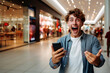 YOUNG ADULT MAN REJOICES AT A MESSAGE RECEIVED ON A SMARTPHONE IN A SHOPPING MALL. image created by legal AI
