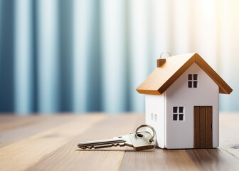 Wall Mural - White house model and house keys on the table on blue background. Mortgage, loan approval, home loan and insurance concept