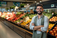SUCCESSFUL CONFIDENT SMILING SUPERMARKET OWNER IN THE SALES AREA AMONG THE PRODUCTS FOR SALE. HORIZONTAL IMAGE. Image Created By Legal AI