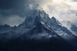 Up-close view of imposing alps, capped with snow, enveloped in dark clouds. Generative AI