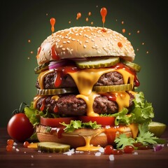 Wall Mural - Big tasty hamburger with flying ingredients on wooden table on dark background Generative AI