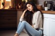 © Saim Art - Closeup of Portrait of beautiful young woman looking at camera while standing in kitchen at home Generative AI