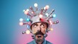 Engineer wearing weird silver helmet with colorful light bulbs and wires. Minimal fun concept of eccentric nerd scientist, discovery, aha moment or idea of brilliant researcher, tech enthusiast. Copy 