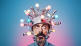 Fototapeta  - Engineer wearing weird silver helmet with colorful light bulbs and wires. Minimal fun concept of eccentric nerd scientist, discovery, aha moment or idea of brilliant researcher, tech enthusiast. Copy 