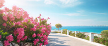 Beautiful Resort Promenade With Blooming Colorful Oleanders Against Backdrop Of Mediterranean Sea And Blue Sky.