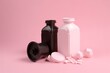Three-dimensional weights with protein container on pink backdrop. Generative AI