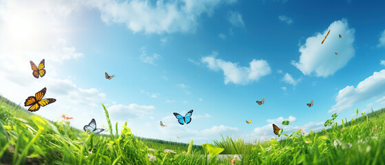 Young green juicy grass and fluttering butterflies in nature against blue spring sky with white clouds. Spring nature panorama.