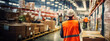 © joumonshiba gen - A man working with a distribution center..Wide background. Horizontal image for header background Generative AI