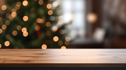 Canvas Print - Wooden table top for product display on Christmas and winter theme with blur Xmas tree decorated with lights in a living room background