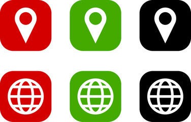 Poster - set of red green and black world globe earth web map and location pointer pin or you are here marker