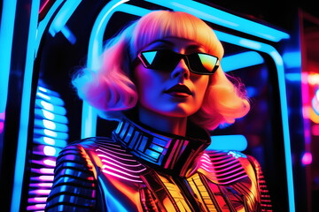 Wall Mural - A commercial photo portrait of a retro-futuristic muse, the Atomic Age Dreams, vibrant 1980's Neo-Tokyo vibe, sleek