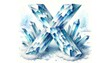 Watercolor painting of a crystalline letter 'X', shimmering in icy blue and white tones, set against a snowy background.
