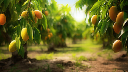 Wall Mural - Mango fruit hanging on a tree With copyspace for text in summer