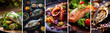 Restaurante marisqueria y recetas de pulpo,salmon,ostras y lubina.Fondo o diseño de diferentes platos de marisco y pescado.