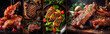 Collage o diseño de diferentes carnes a la parrilla y a la barbacoa. Restaurante asador de costillas, filetes y pollo.