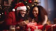 Smiling cute African American man and woman couple holding red gift box in living room for Christmas