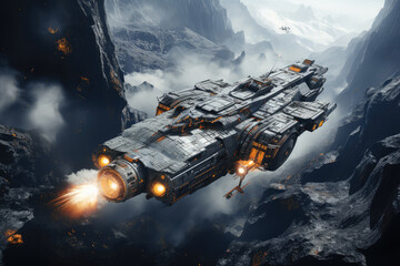Poster - Futuristic Spaceship Exploring a Distant Alien Planet extreme closeup. Generative AI