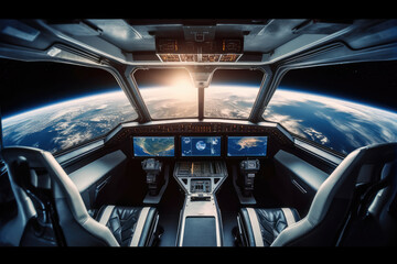 Poster - Spaceship Interior in Earth Orbit extreme closeup. Generative AI