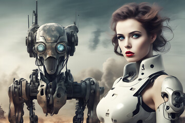 War Robot Cyborg woman, beautiful woman face, with gun, with nuclear war field background, nuclear bomb. AI generated