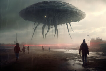 Poster - Alien Arrival Concept. UFO in a City Dark Sky extreme closeup. Generative AI