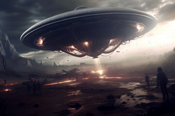 Poster - Alien Arrival Concept. UFO in a City Dark Sky extreme closeup. Generative AI