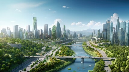 futuristic sustainable green city, concept of city of the future based on green energy and eco indus