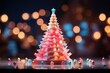Christmas tree with decorations on bokeh lights background.