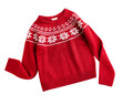 Red knitted Christmas ornated sweater isolated on white, winter holiday clothes. New year symbol. Knitwear.