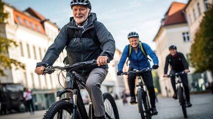 Group of senior men exercise on bicycles to stay healthy and active.