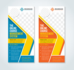 Poster - the online course system web banner design template. Vector flyer with text space. Advertising placard with customized copyspace. Promotional printable poster for advertising. Graphic vertical layout