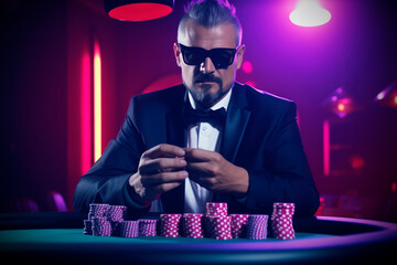 Wall Mural - Man in a suit in a casino, playing poker