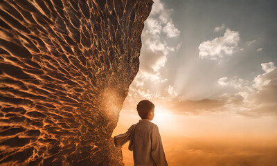 Wall Mural - back view of The Arab little Boy was looking and walking of The war-torn city was left with burnt remains and smoke. concept of peace of war. effects of war, The atrocities of war.